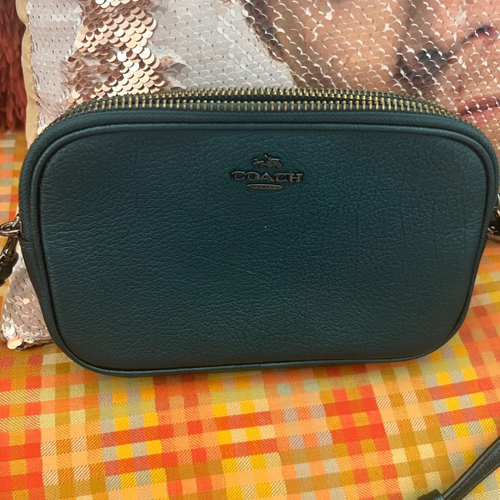 Coach Teal Pebbled Leather Double Zip Crossbody Bag